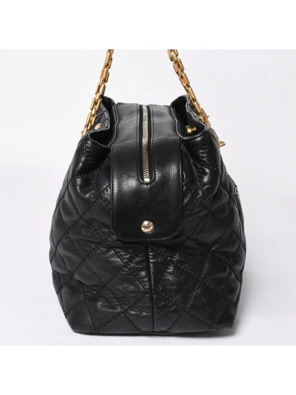 Chanel Chain Tote Bag CC Logo Quilted Leather Black Gold